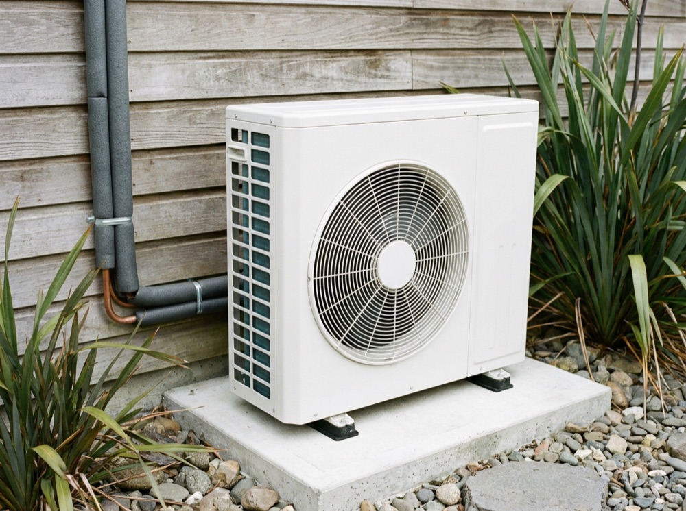 Newly installed air-source heat pump indoor and outdoor unit in a Auckland home