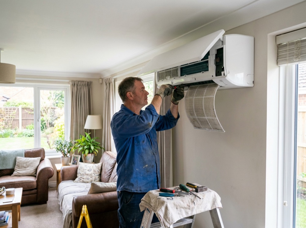 Heat pump technician installing and servicing a home heat pump in Auckland
